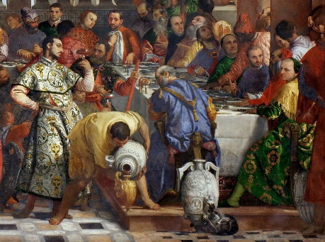 Figure 2. Right lower section of the canvas from the observer. Benedetto Caliari stands up to the left, holding the miraculous wine. Alessandro Vittoria, in red, holds a white napkin over his chest. Facing him at the corner of the table, Girolamo Grimani is depicted in blue from behind (center). The figure at the right lower corner from the observer, in yellow and green, is probably Domenico Grimani.