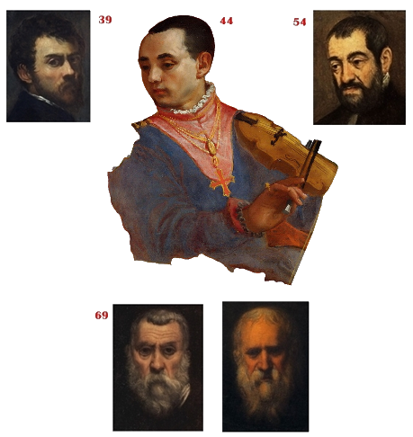 Figure 16. Four self-portraits of Tintoretto. A: In 1548: 39 years old. B: In 1563: 44 years old, portrayed by the Veronese in The Wedding of Cana. C: In 1573: 54 years old, D: In 1588: 69 years old. E: After 1588: 71 years old.