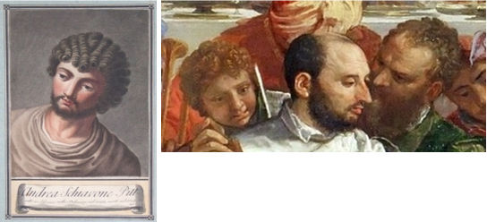 Figure 17. Andrea Schiavonne ‘s engraving, by Carlo Lasinio, compared to his portrait in The Wedding. He was born on the year of Giorgione ‘s death and died a few weeks after the Veronese ‘s completion of the canvas.