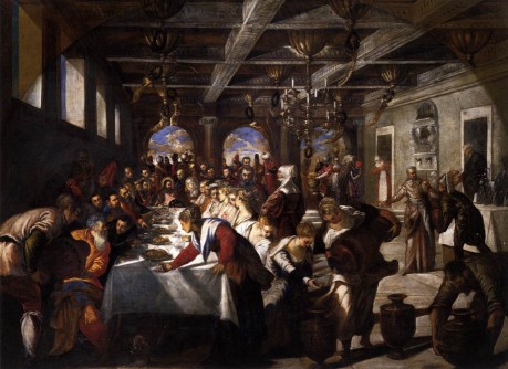 Figure 22a. The Wedding at Cana, by Tintoretto, 1561. Church of Sta. María de la Salud, Venice. Left: detail showing the monks.